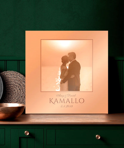 Copper photo portrait plaque with a framed bride and groom photo, their last name and wedding date, 7th anniversary copper