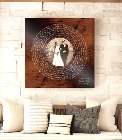 Burnished bronze photo song record with lyrics wrapped around the photo and names and wedding date below, 8th anniversary