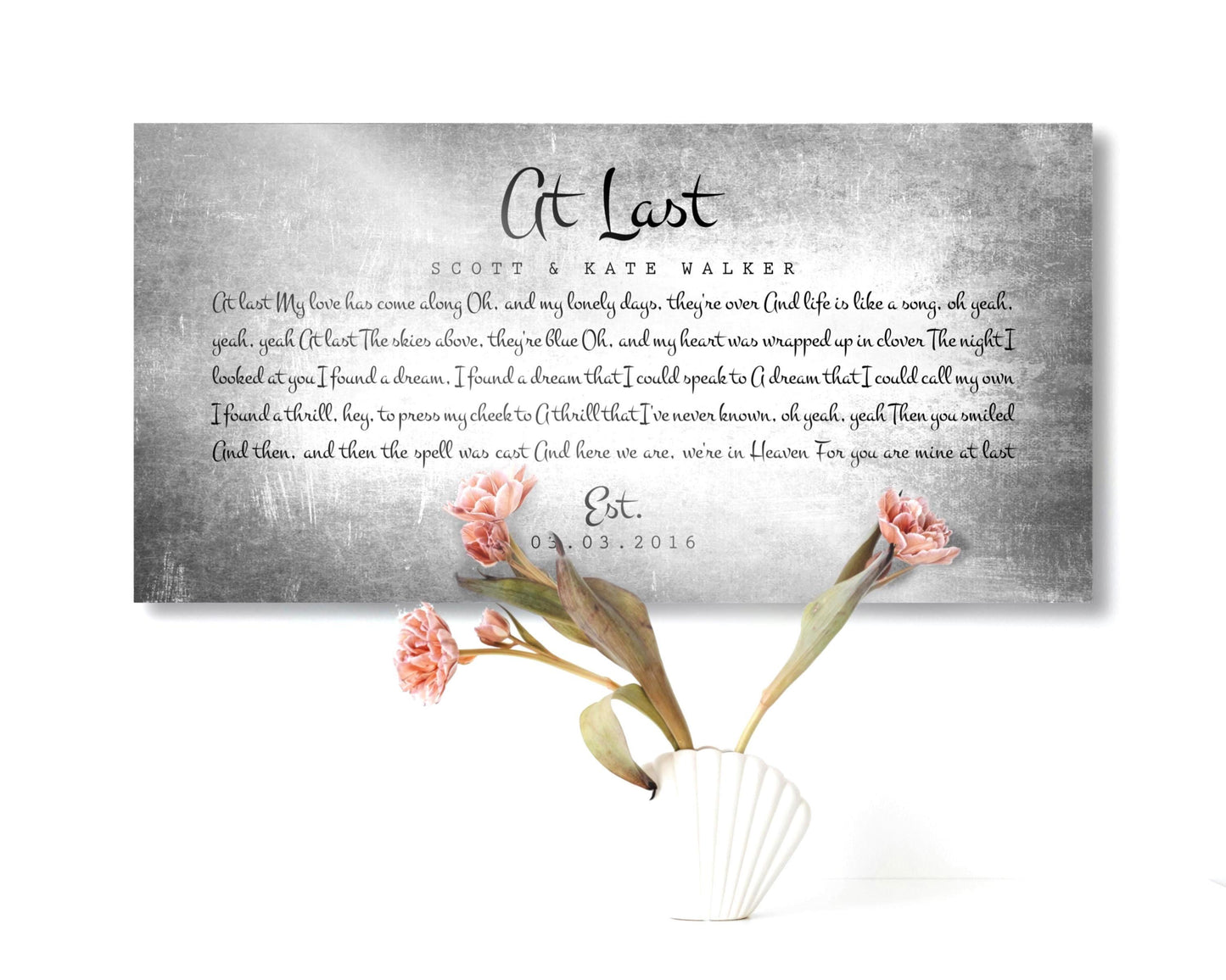 Tin 10th anniversary song plaque is tarnished with At Last inscribed at the top with custom song lyrics, the husband and wife's names and established date.