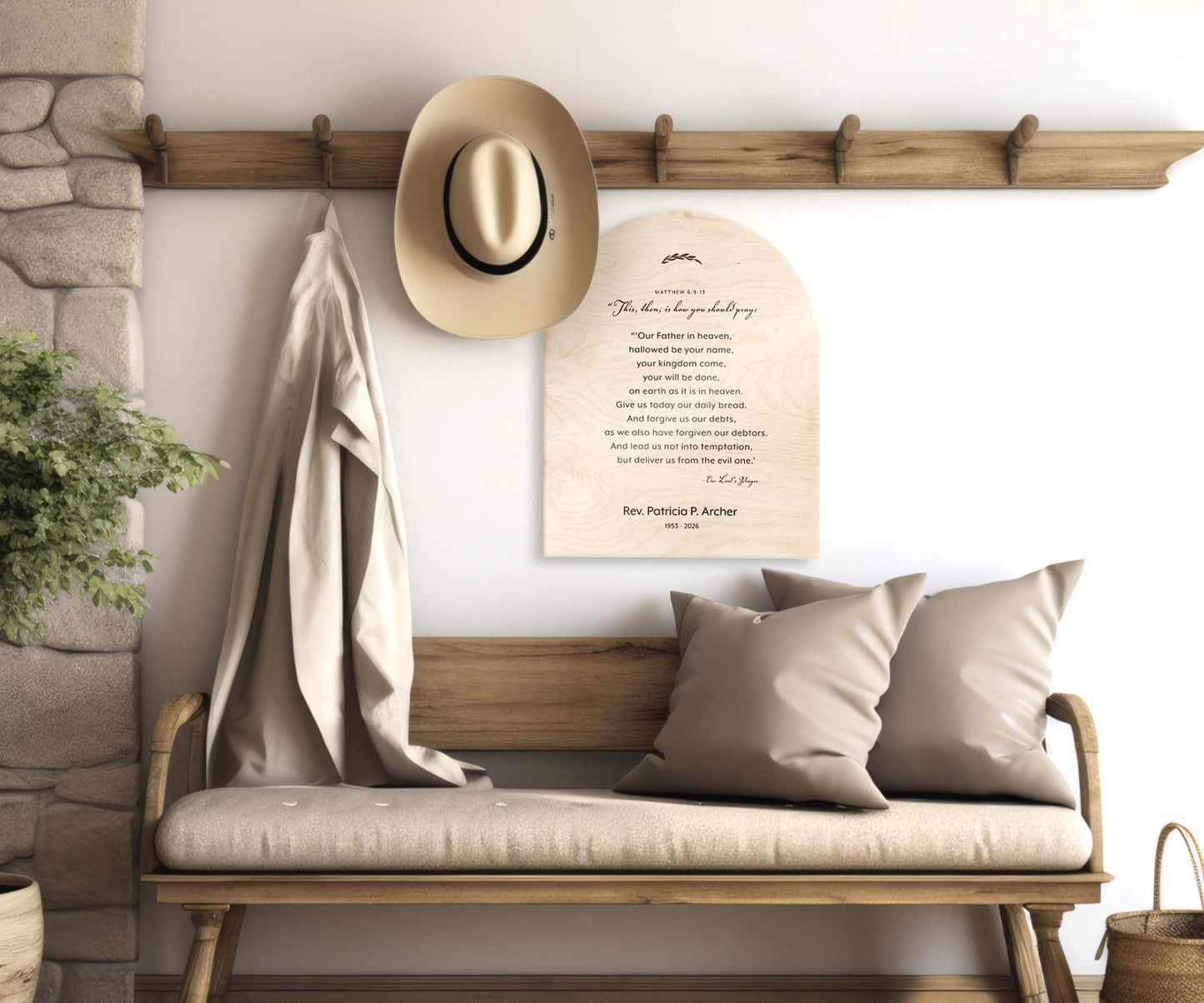 Personalized Lord's Prayer Wood Plaque, Arched Family Name Sign, Birch Wall Art - HoneycombProverbs - Signs - Christian Wall Art