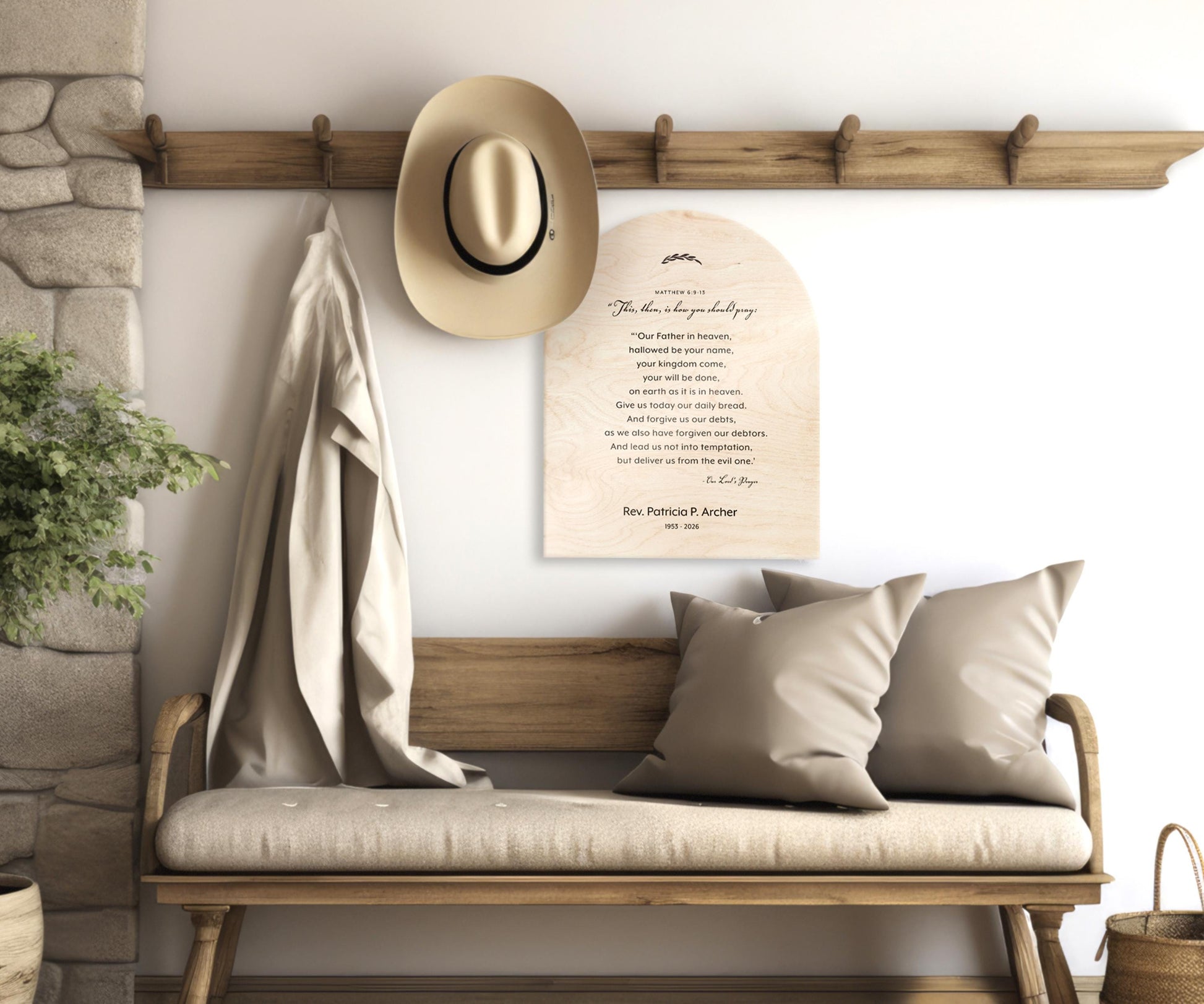 Personalized Lord's Prayer Wood Plaque, Arched Family Name Sign, Birch Wall Art - HoneycombProverbs - Signs - Christian Wall Art