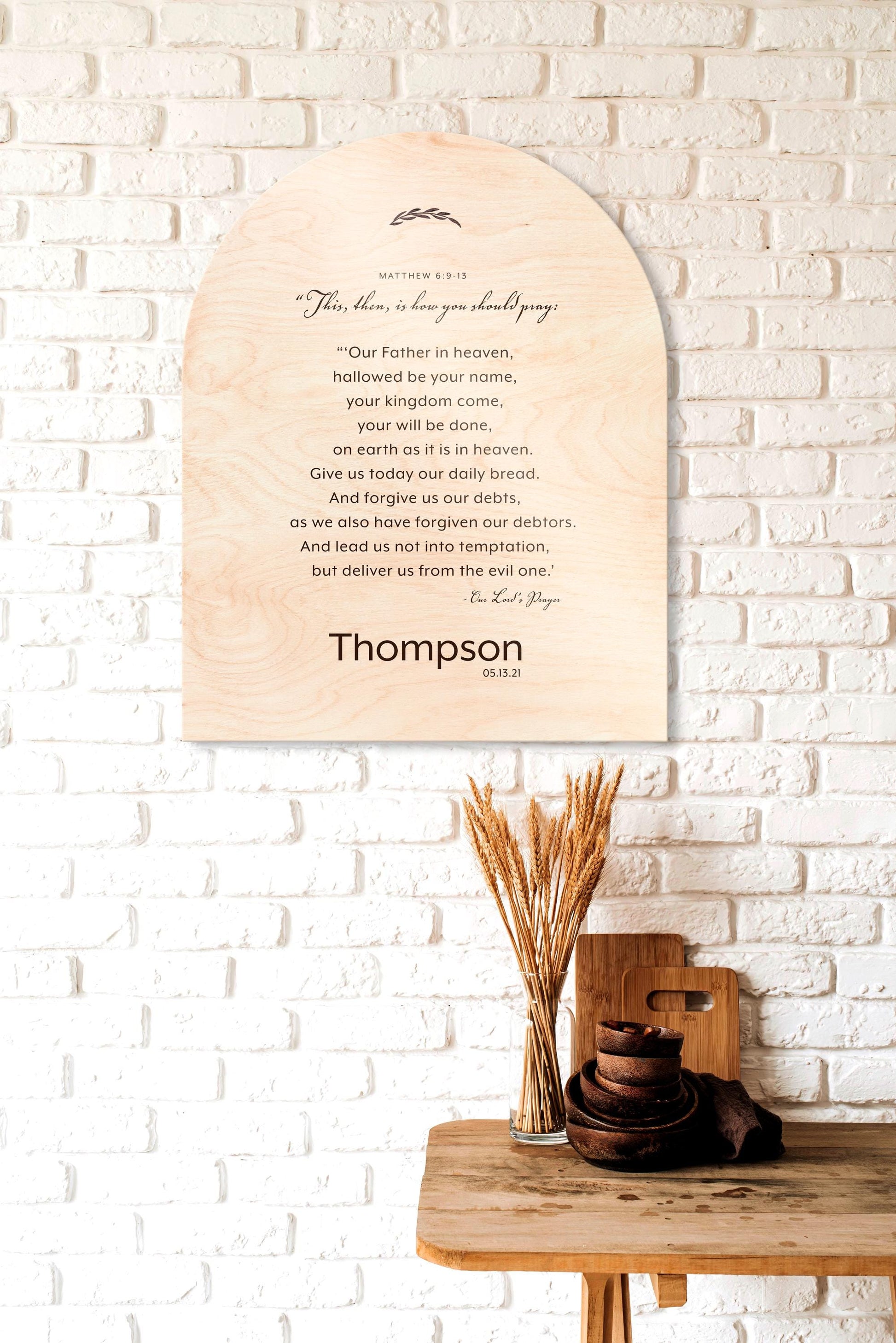 Personalized Lord's Prayer Wood Plaque, Arched Family Name Sign, Birch Wall Art - HoneycombProverbs - Signs - Christian Wall Art