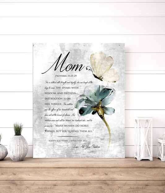 Vintage Tin, Mom Plaque, rustic distressed metal plaque for Mom with a floral and butterfly motif featuring Proverbs 31 excerpts. This elegant farmhouse decor makes a great birthday gift for mom. Personalize with a first name and short message.