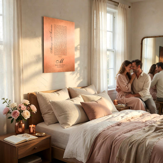 A custom copper anniversary wall plaque hangs prominently above a full sized bed showcasing custom song lyrics, and personalized with the names and wedding date of the couple sitting off to the right of the photo.