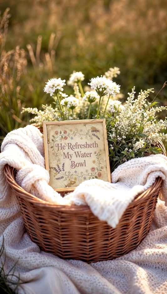 A framed Christian art print "He refresheth my water bowl"  in a cottage core design for dogs is lain in basket with a blanket and bouquet of wildflowers