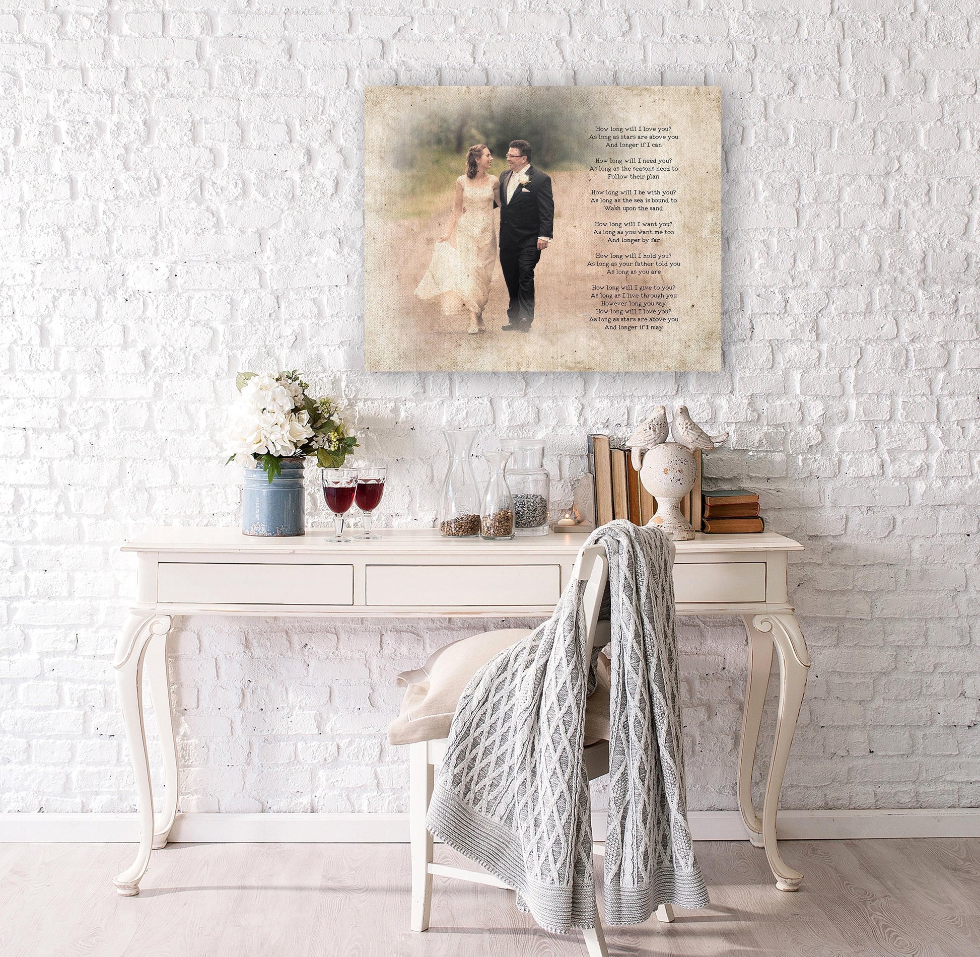Our song on canvas: a giclee canvas print with a vintage affect applied to a wedding portrait and song lyrics are delicately inscribed on the canvas and offset to accent the vignetted portrait of a young bride and groom outdoors.
