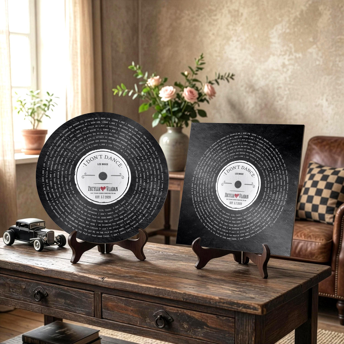 Record Anniversary Gift Plaques with distressed iron finish, available in square or round. Rockabilly styling with couple's names, est date and a heart connecting their names.
Six years down, forever to go is also inscribed on the record label with the name of the song and the artist name.