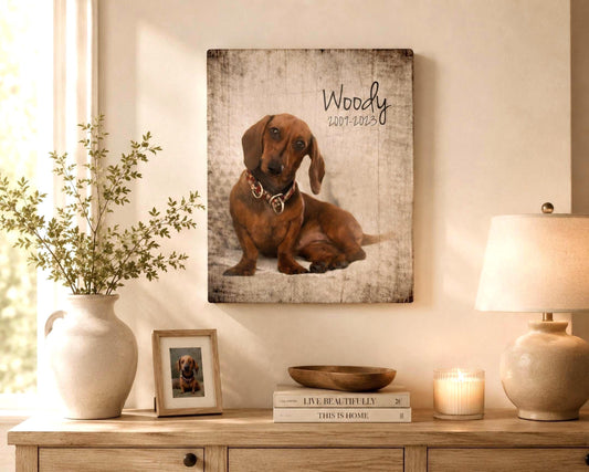 Pet Memorial on rustic wood is a portrait of a dog with the name Woody, and lifedates beneath. The portrait is photorealistic and custom recreated on an aged birch finish.