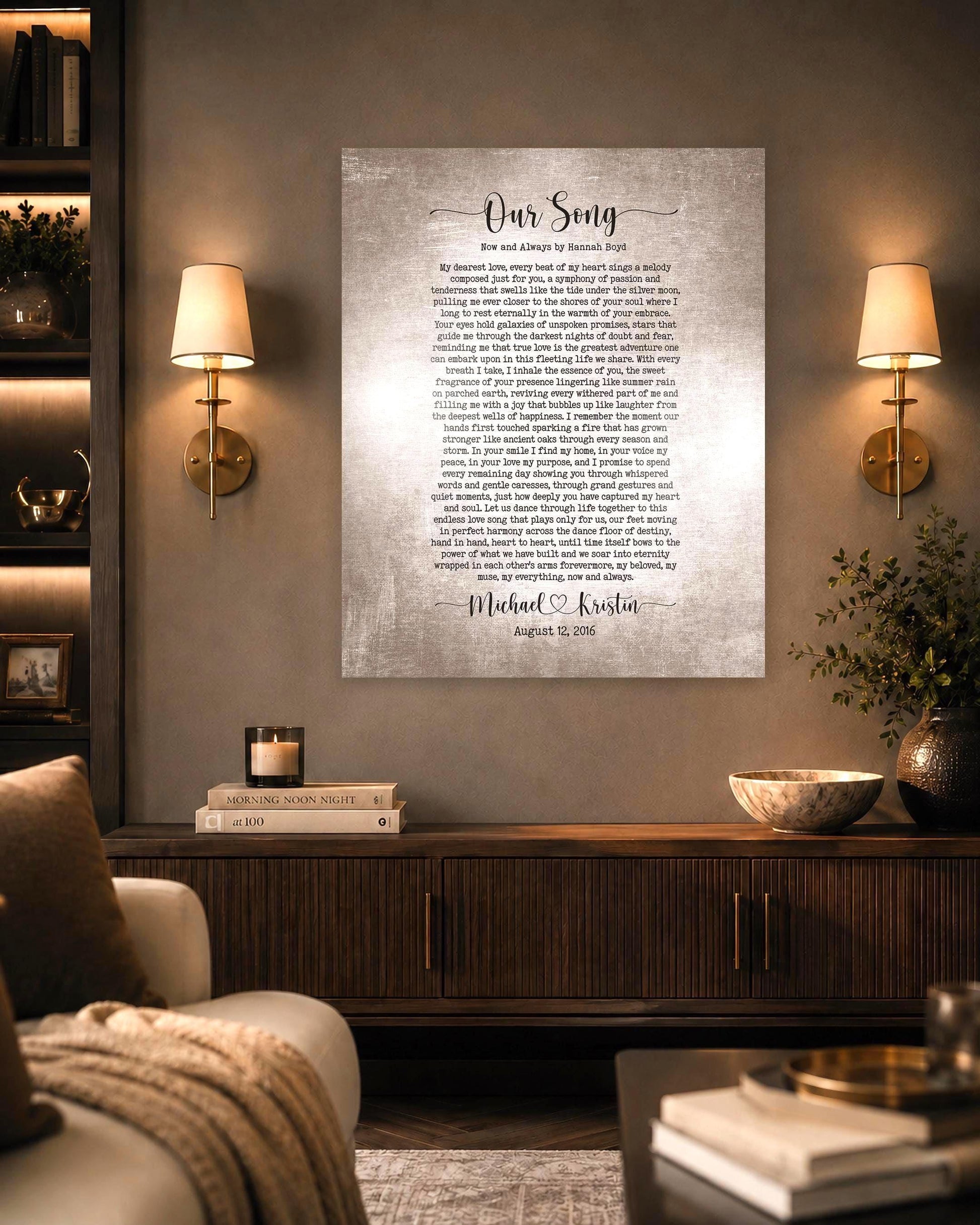 Romantic song decor on tin as 10 year anniversary keepsake art, with custom song lyrics. It hangs on wall between wall sconces above a bureau in a warm and refined living room setting.