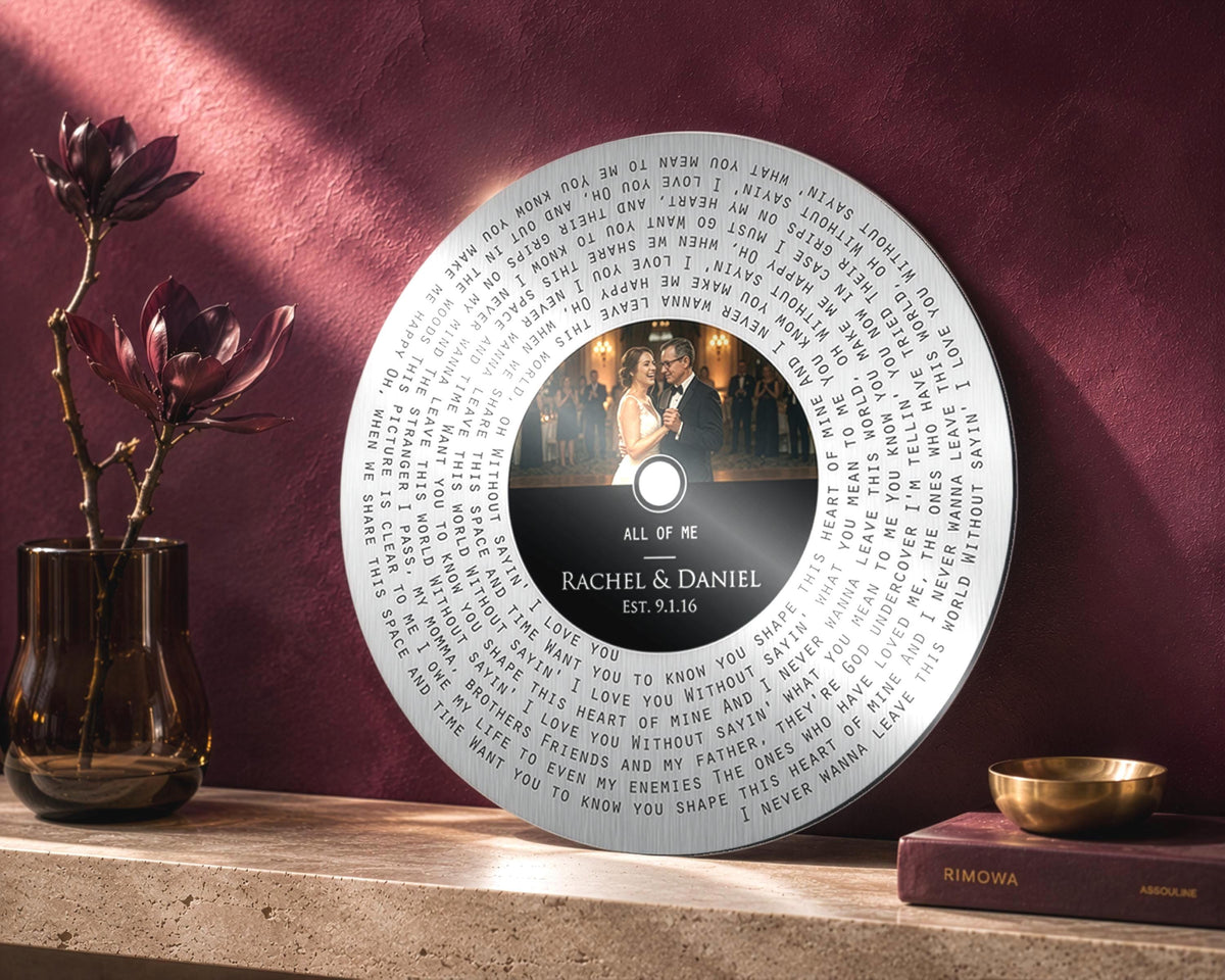 Personalized round tin wedding song record with couple dancing photo and spiral lyrics