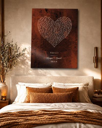 Heart Shaped Bronze Song Lyric Sign, close-up detail, 8th anniversary bronze