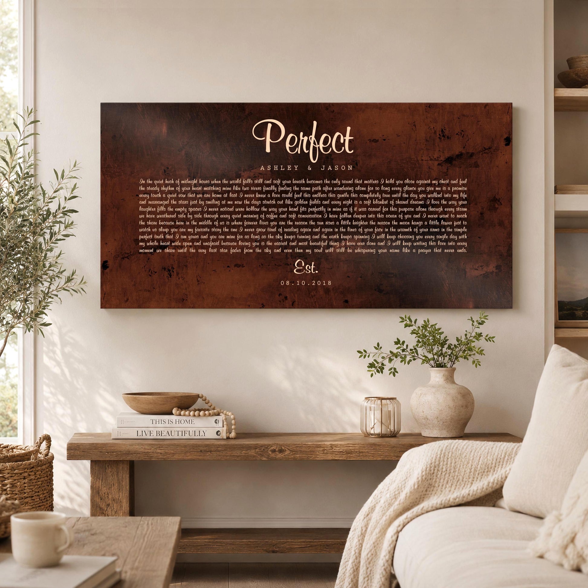 A burnished bronze metal wall plaque designed for first dance song lyrics as an out-of-the-box bronze anniversary gift for couples for 8 or 19 year wedding anniversary. The word Perfect is the title lettering and song lyrics sit beneath. The art is also personalized with names and a union date to mark the special occasion.