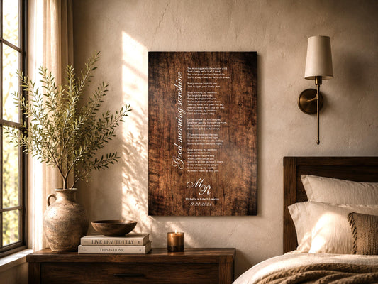 5 year anniversary song plaque for couples personalized with their initials, names, wedding date and the song lyrics of choice. Custom piece shown in the Stained birch finish and hung on a wall in a stylish bedroom setting with sunlight spilling through the window.