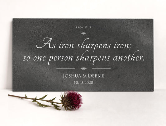 Metal ironworks themed religous proverbs 27:17, as iron sharpens iron so one persona sharpens another, personalized plaque for couples, or religious iron themed bedroom wall art