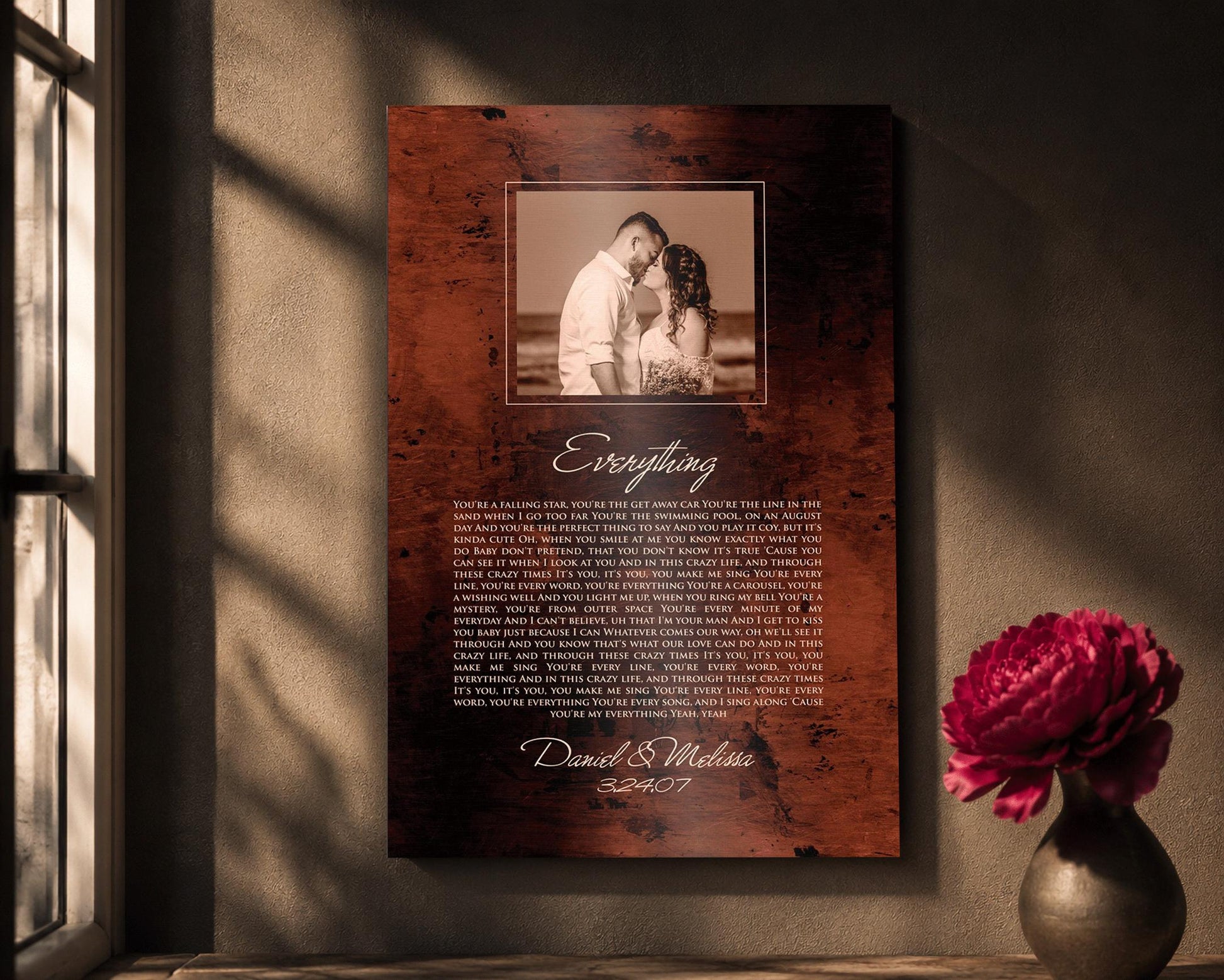 Burnished Bronze Wedding Portrait and Song Plaque - HoneycombProverbs - Signs - Bronze Anniversary Gifts