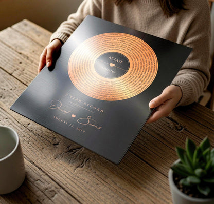 7 Years Anniversary Record, personalization detail, 7th anniversary copper
