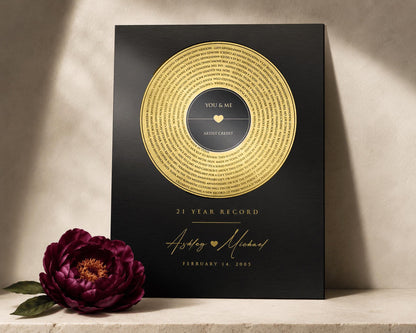 Custom Anniversary Song Record: Brass Lyrics Gift, shown on the wall
