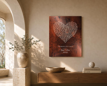 Bronze song lyric wall plaque with song title, two first names joined by a heart and union date, 8th anniversary bronze