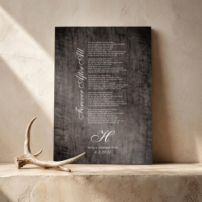 Our Song Lyrics on Wood, shown on the wall, 5th anniversary wood