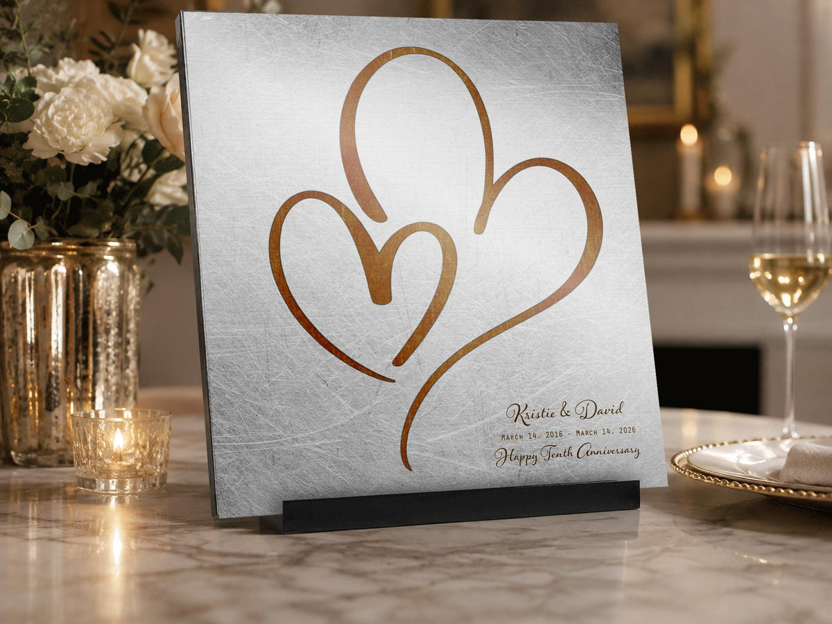 Ten Years Down Personalized Hearts Plaque on Tin, size and option view, 10th anniversary tin