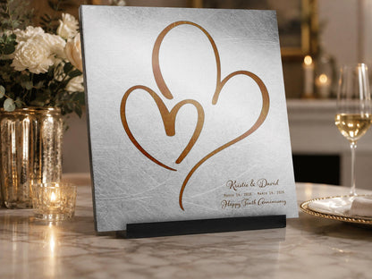 Ten Years Down Personalized Hearts Plaque on Tin, size and option view, 10th anniversary tin