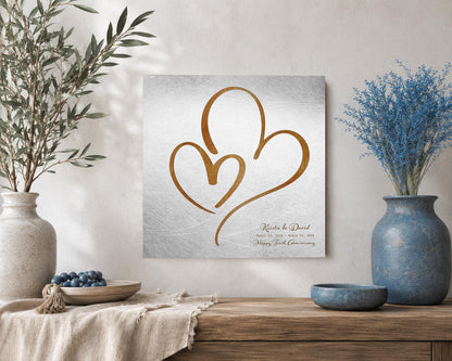 Ten Years Down Personalized Hearts Plaque on Tin, shown on the wall, 10th anniversary tin