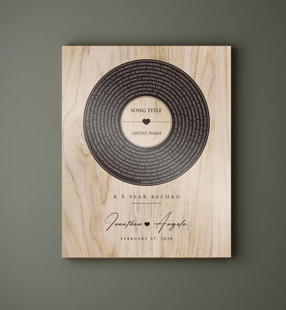 This is a photo of a 5th wedding anniversary, Our 5 Year Record wall plaque is a wood plaque - The record design pops in a deep coffee tone set against a natural polished birch - featuring song lyrics of choice in a vinyl record motif, accented with the couple's names with a heart symbol between then and the couples wedding date