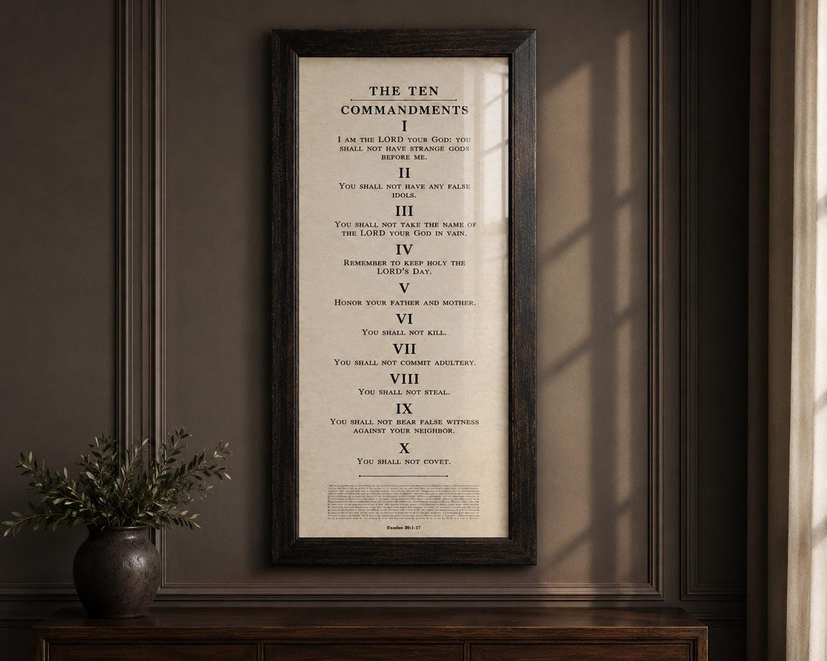 Framed Ten Commandments Parchment Wall Art, size and option view, 1st anniversary paper