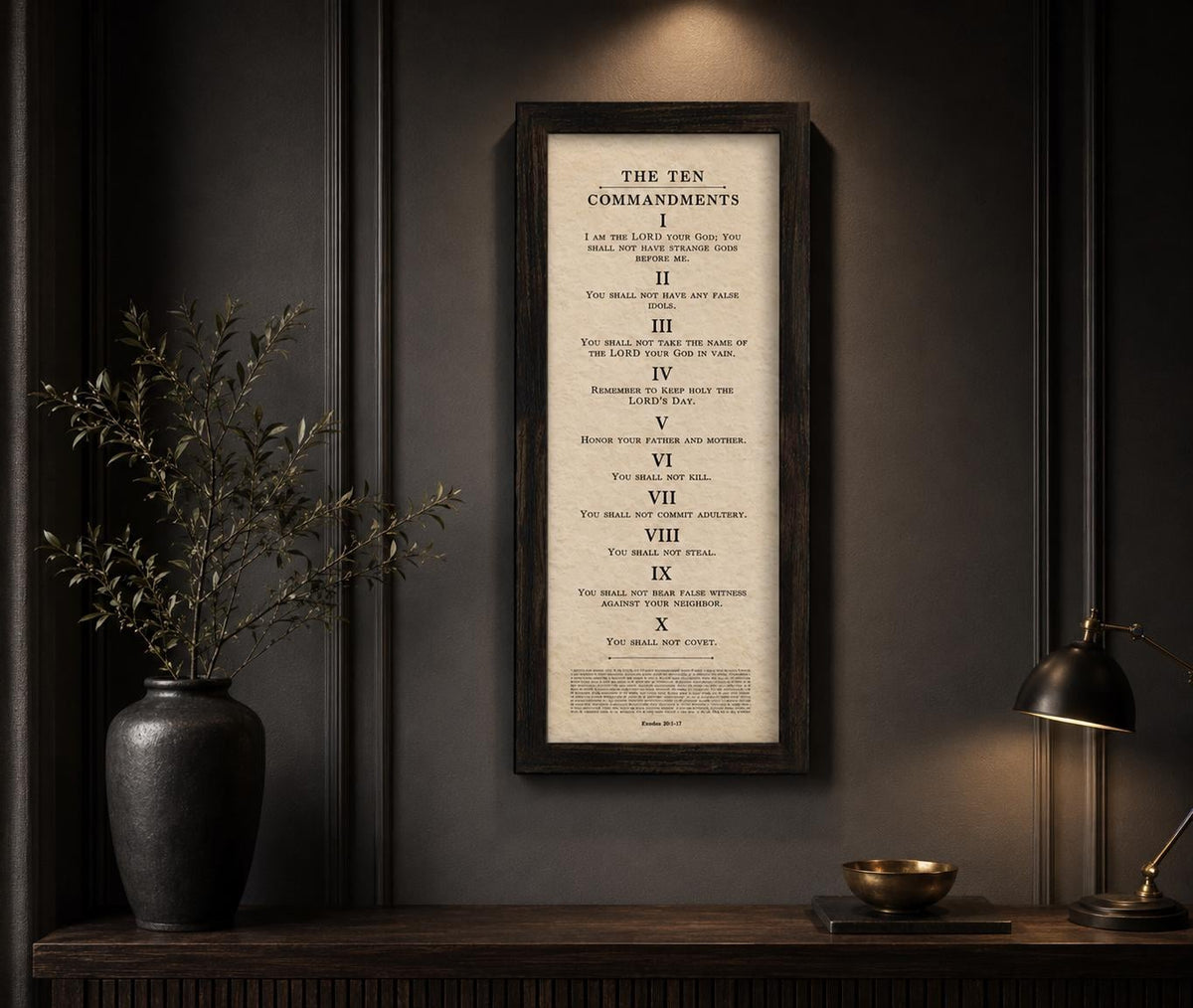 Framed Ten Commandments Parchment Wall Art, shown on the wall, 1st anniversary paper