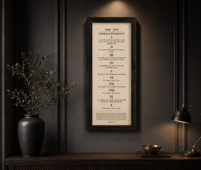 Framed Ten Commandments Parchment Wall Art, shown on the wall, 1st anniversary paper