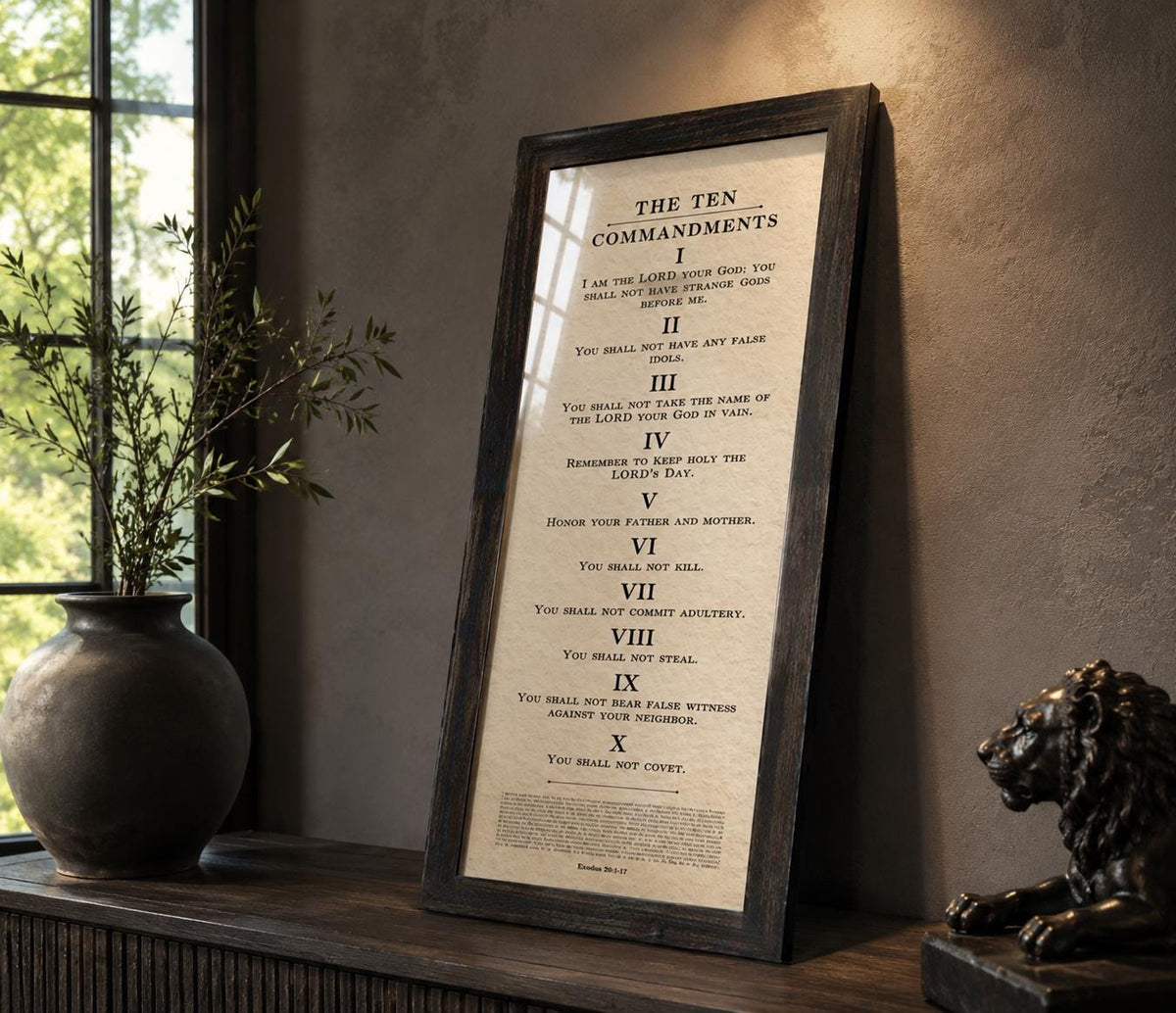 Framed Ten Commandments Parchment Wall Art, close-up detail, 1st anniversary paper