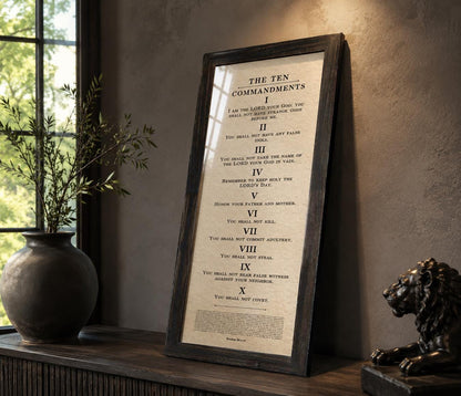 Framed Ten Commandments Parchment Wall Art, close-up detail, 1st anniversary paper