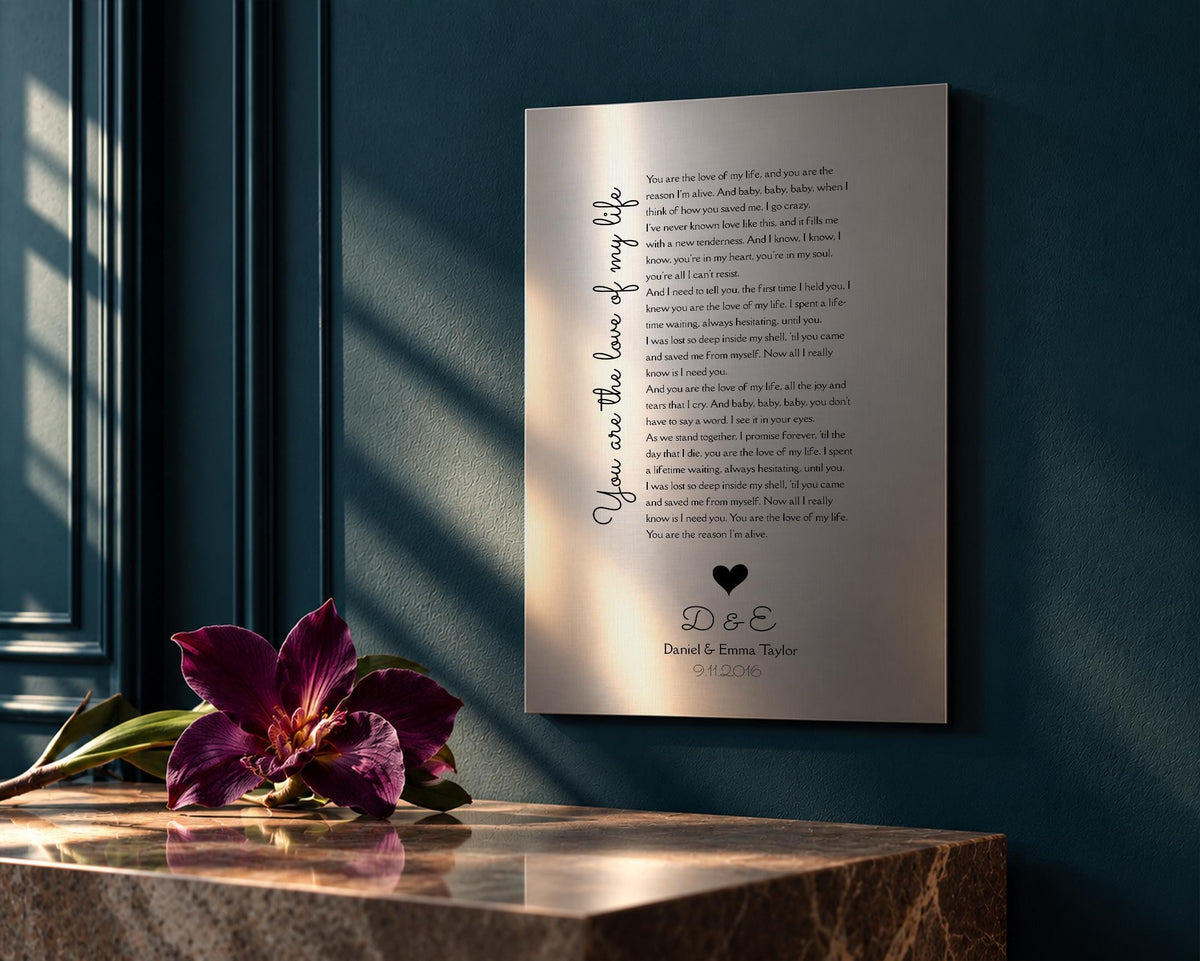 Custom Song Plaque, personalization detail, 10th anniversary tin