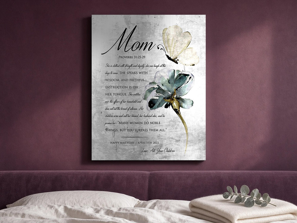 Christian metal wall art with proverbs 31 virtuous woman, scripture and sentiment. Personalized and mounted on the wall above a bed so it is the first thing she sees when she wakes up.
