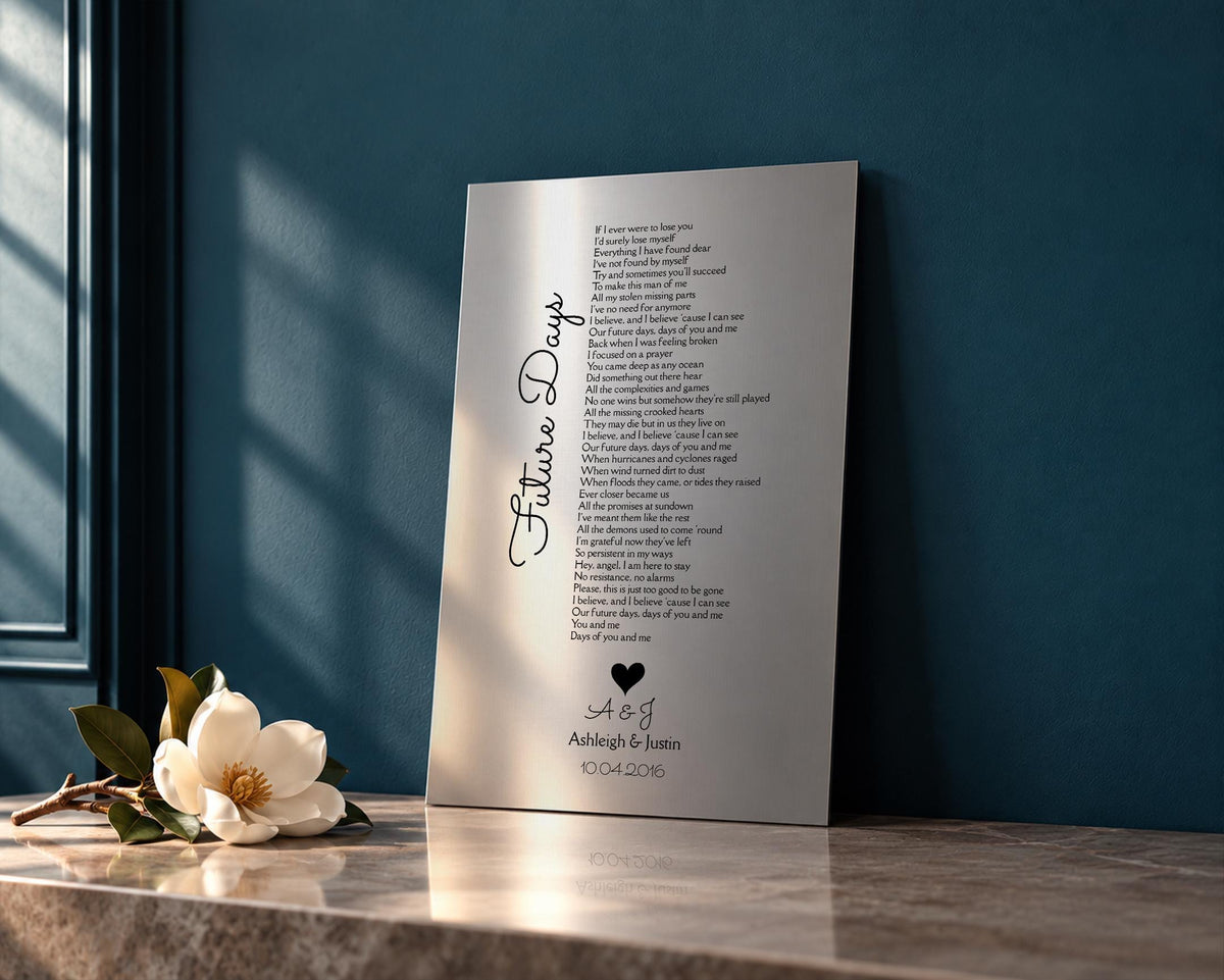 Custom Song Plaque, size and option view, 10th anniversary tin