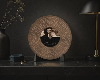 Video showing details of the personalized bronze round song lyrics record