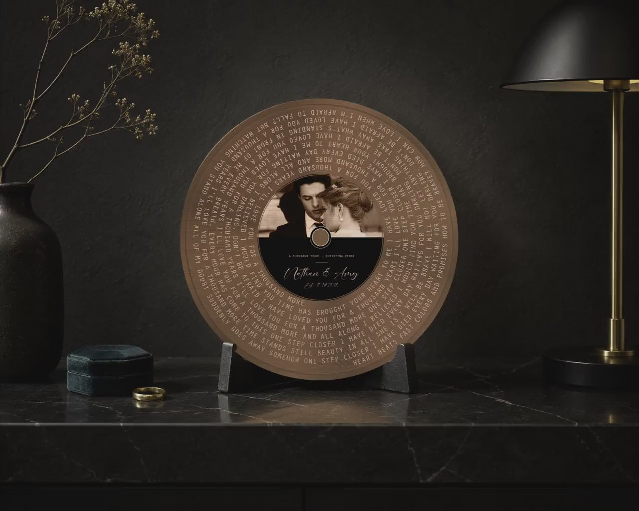 Video showing details of the personalized bronze round song lyrics record