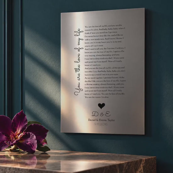 Custom Song Plaque, close-up detail, 10th anniversary tin