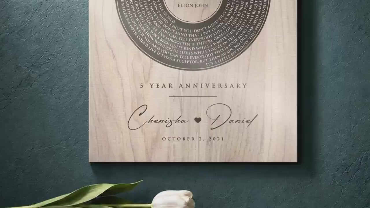 Personalized 5th Anniversary Wood Record: Song Lyrics, Names & Date