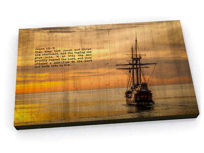 Wood Inspired Scripture Art: Jonah 1:15 on Canvas - Honeycomb Proverbs - Wedding gift ideas - paper anniversary gifts 