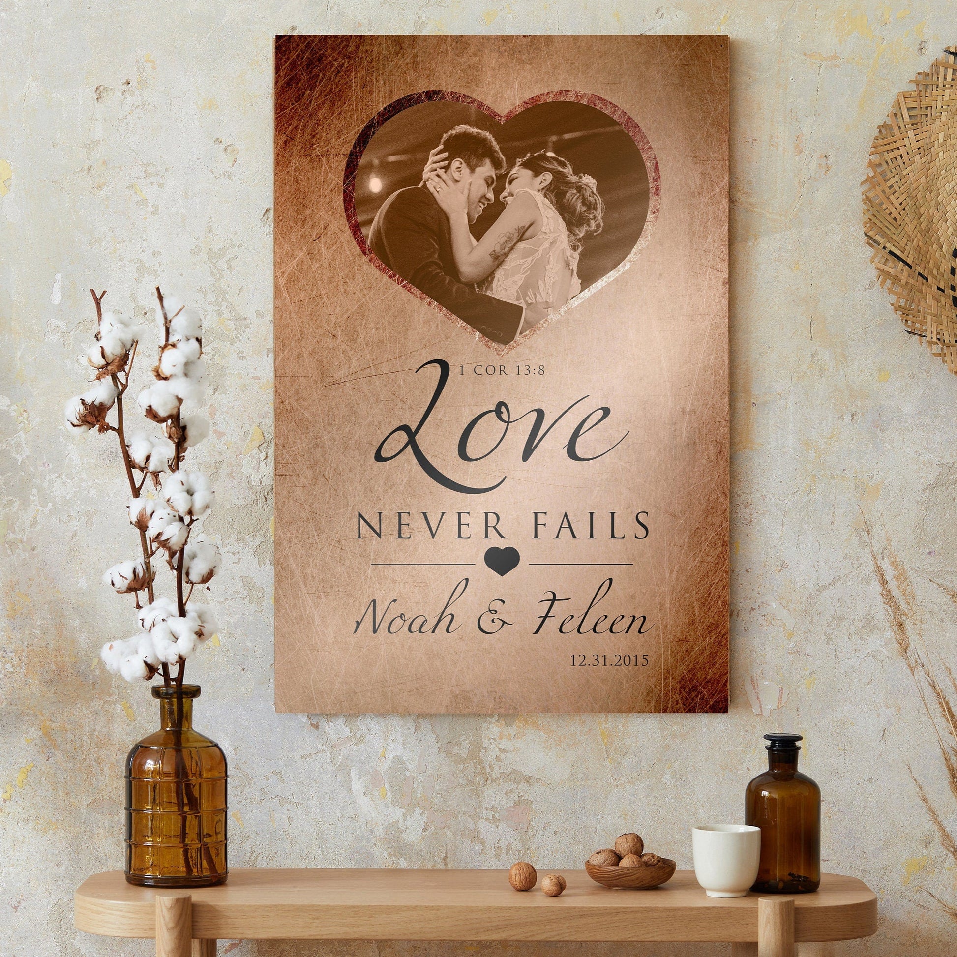 Love Never Fails Photo Sign, Personalized Anniversary plaque, 1 Cor 13 Art, Custom Copper Gift, Heart framed photo, Est Sign for couple