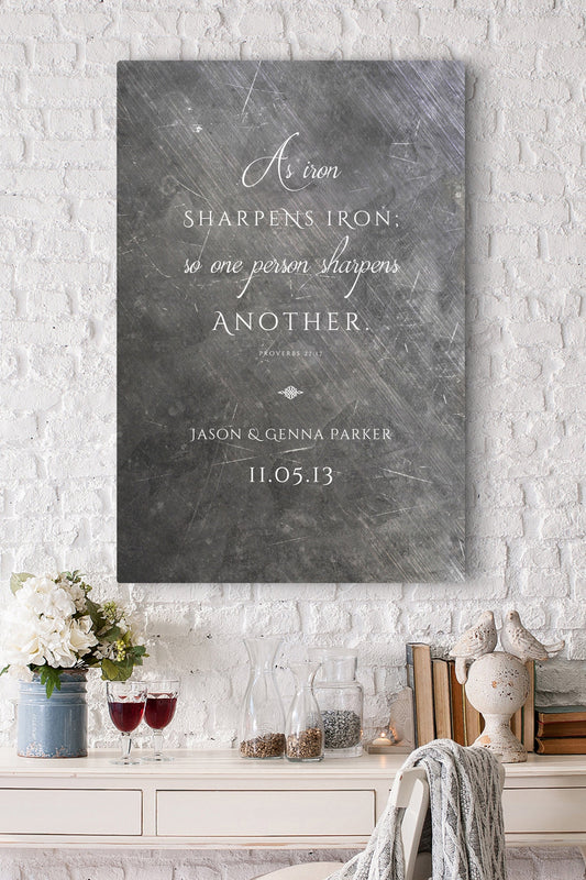 christian wedding gifts for couples, christian wedding gift with initials, personalized wedding gift, iron sharpens iron gift plaque, metal plaque with bible verse, christian anniversary gift for wife, anniversary gift plaque