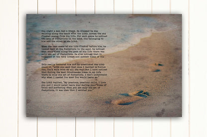 Footprints poem on rustic woodgrain canvas