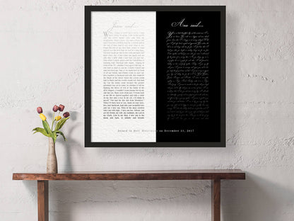 His and Her Two-Toned Wedding Vow Art, close-up detail, 1st anniversary paper