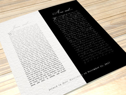 His and Her Two-Toned Wedding Vow Art, shown on the wall, 1st anniversary paper