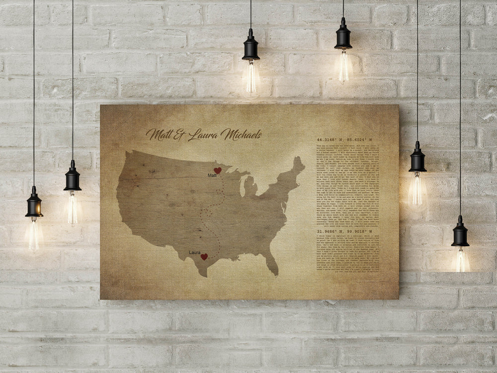 Long distance, map on canvas, Christmas, custom, coordinates, wedding vows,  print, husband, wife, anniversary gift, Military, Gifts, Spouse