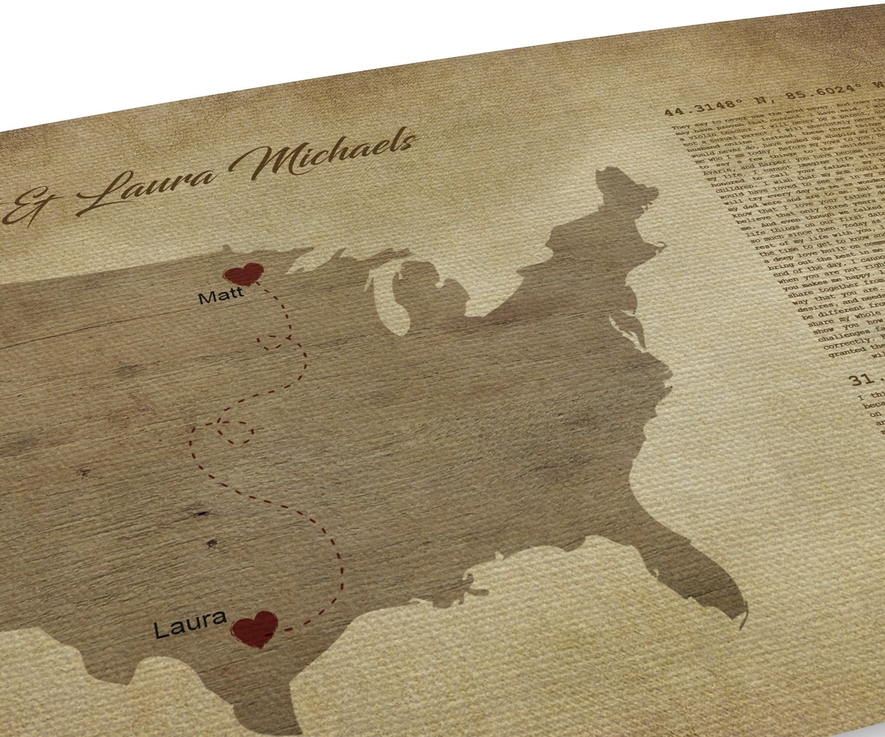 Long distance, map on canvas, Christmas, custom, coordinates, wedding vows,  print, husband, wife, anniversary gift, Military, Gifts, Spouse