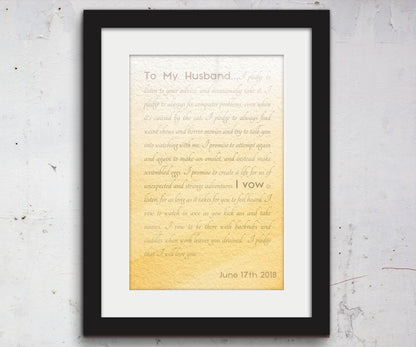 Framed Wedding Vows, Custom Paper Anniversary Gift, Ombre Walll Decor, Anniversary Gift for Wife, Modern Romantic Gifts, For Her, Print Vows