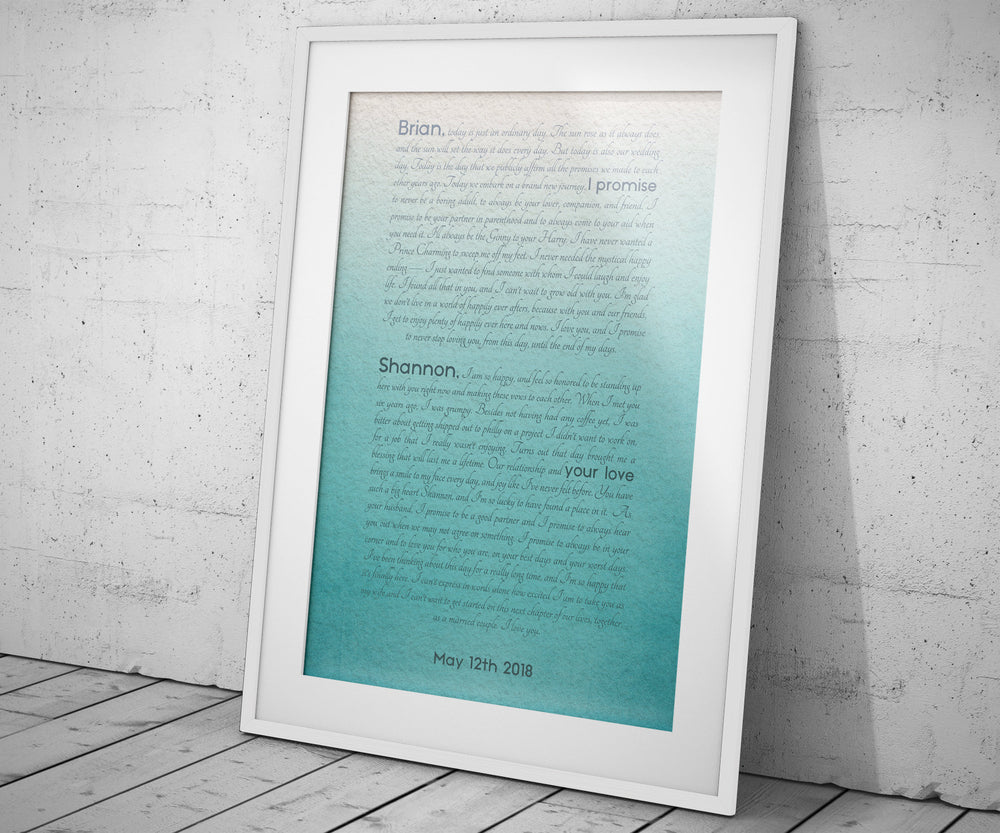 Framed Wedding Vows, Custom Paper Anniversary Gift, Ombre Walll Decor, Anniversary Gift for Wife, Modern Romantic Gifts, For Her, Print Vows