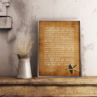 Footprints in the Sand Rustic Framed Art, close-up detail, 1st anniversary paper